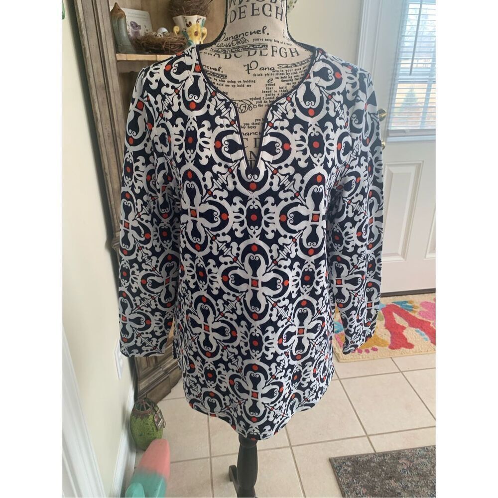 Women's Talbot's Resort Wear Long Sleeve Top, Navy, White w/orange dots